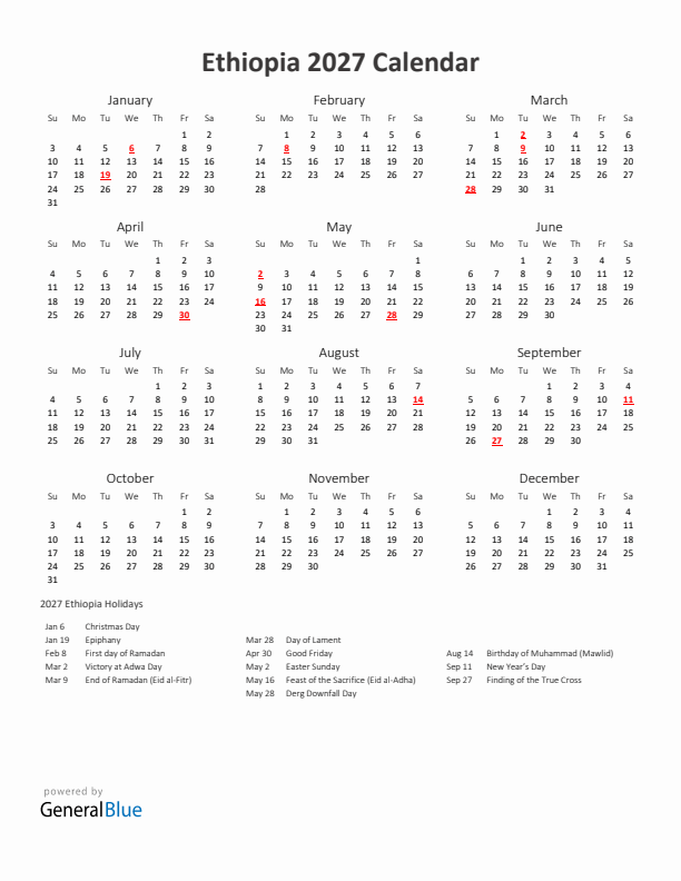 2027 Yearly Calendar Printable With Ethiopia Holidays