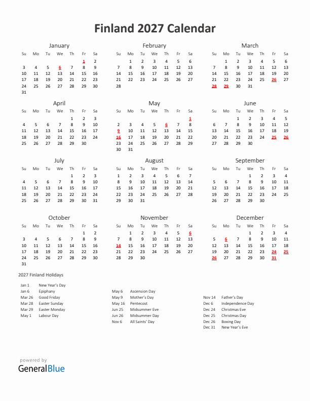 2027 Yearly Calendar Printable With Finland Holidays