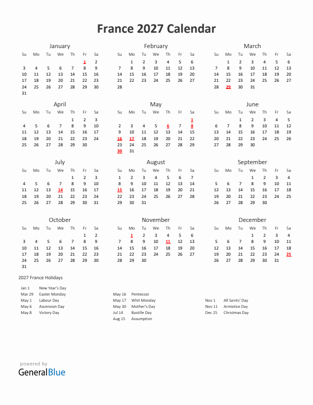 2027 Yearly Calendar Printable With France Holidays
