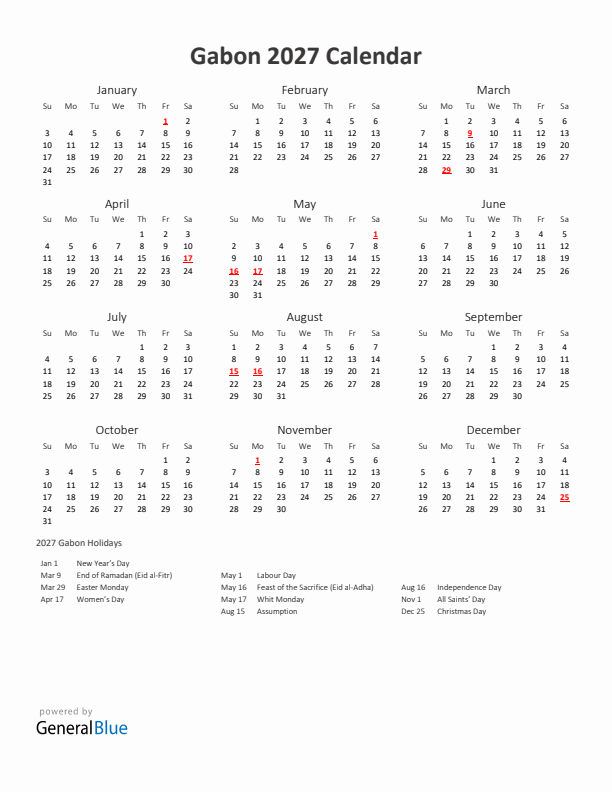 2027 Yearly Calendar Printable With Gabon Holidays