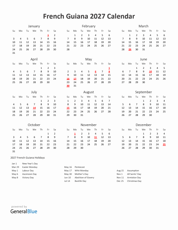 2027 Yearly Calendar Printable With French Guiana Holidays