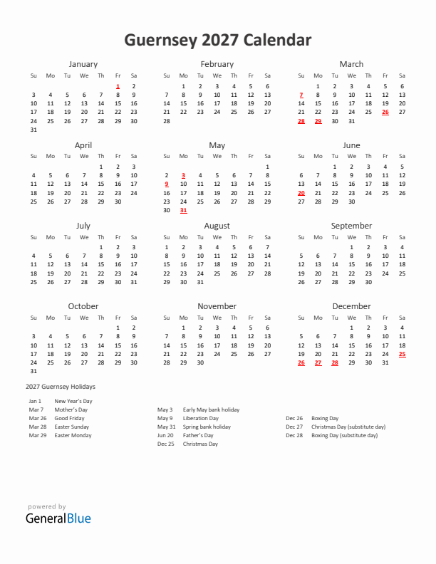 2027 Yearly Calendar Printable With Guernsey Holidays