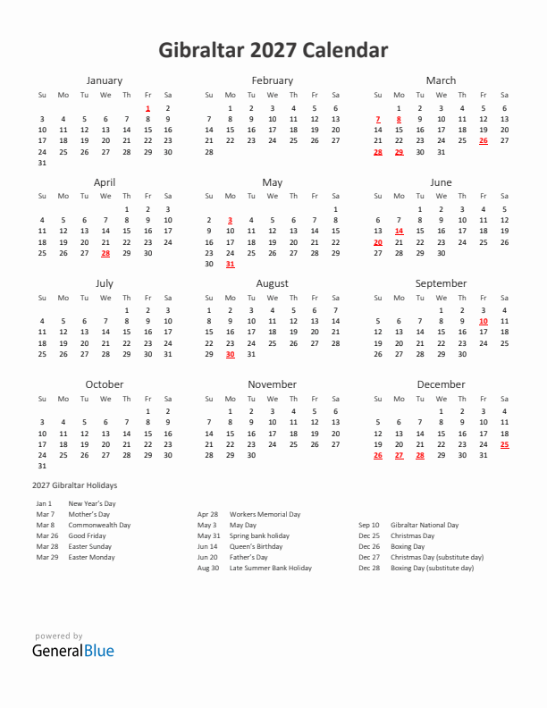 2027 Yearly Calendar Printable With Gibraltar Holidays