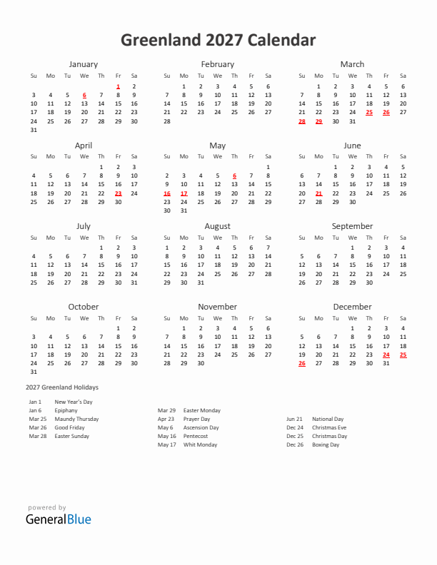 2027 Yearly Calendar Printable With Greenland Holidays