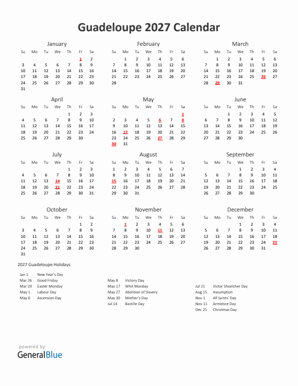2027 Yearly Calendar Printable With Guadeloupe Holidays