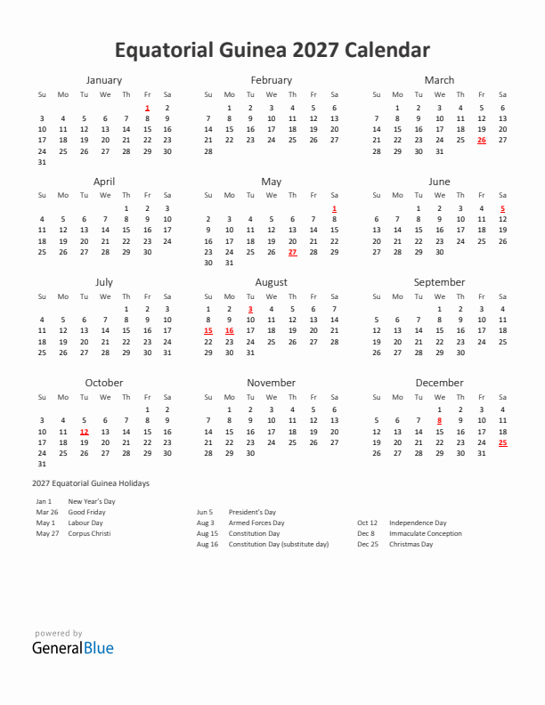 2027 Yearly Calendar Printable With Equatorial Guinea Holidays