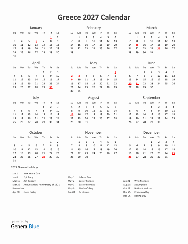 2027 Yearly Calendar Printable With Greece Holidays