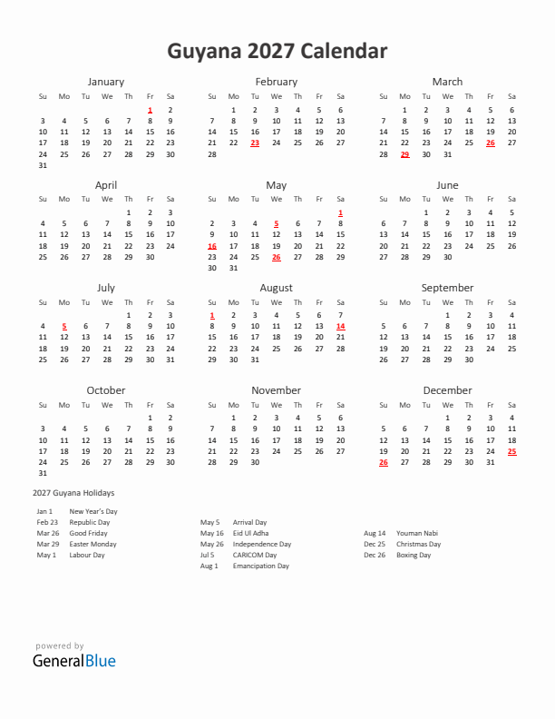 2027 Yearly Calendar Printable With Guyana Holidays