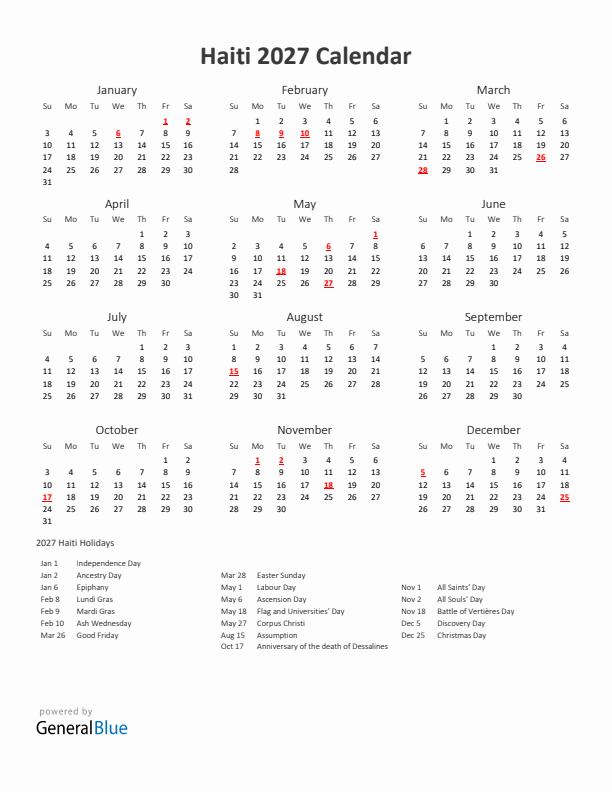 2027 Yearly Calendar Printable With Haiti Holidays