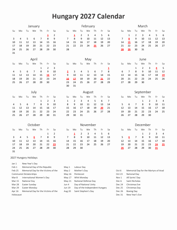 2027 Yearly Calendar Printable With Hungary Holidays