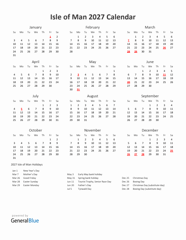 2027 Yearly Calendar Printable With Isle of Man Holidays
