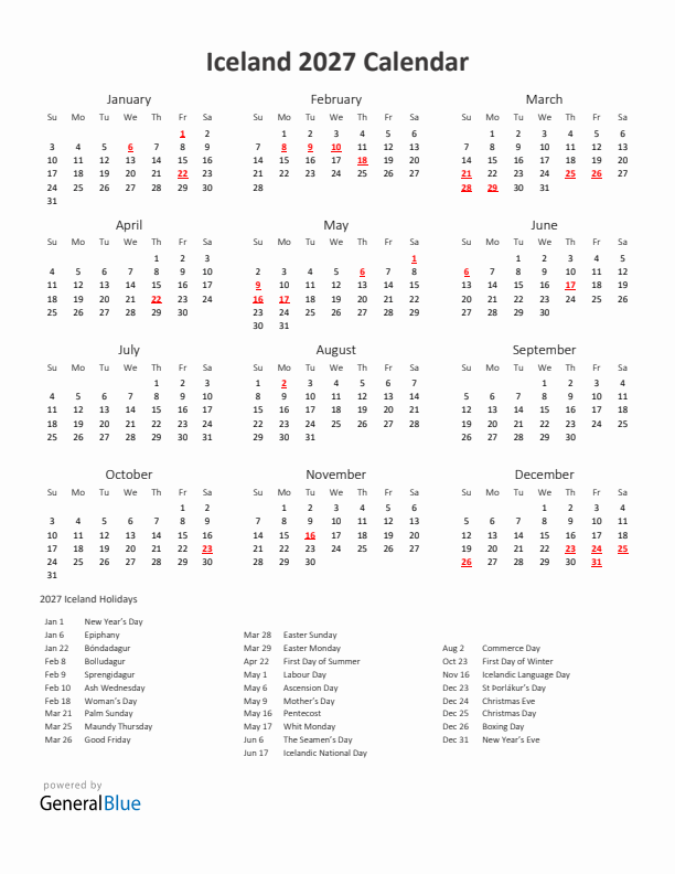 2027 Yearly Calendar Printable With Iceland Holidays