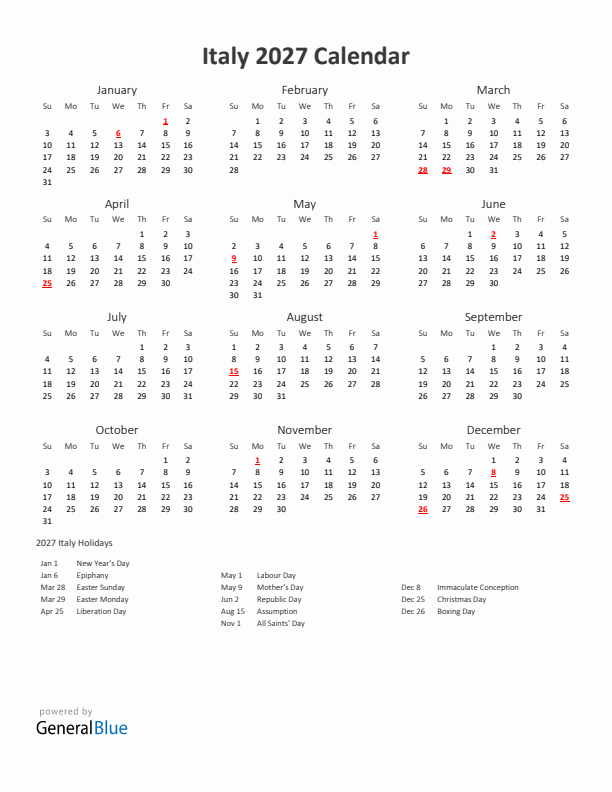 2027 Yearly Calendar Printable With Italy Holidays