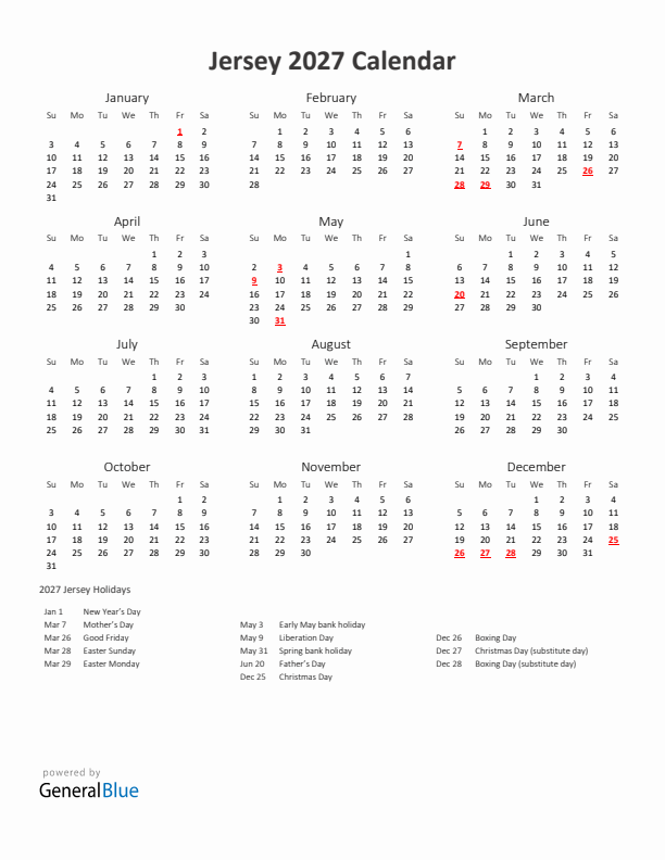 2027 Yearly Calendar Printable With Jersey Holidays