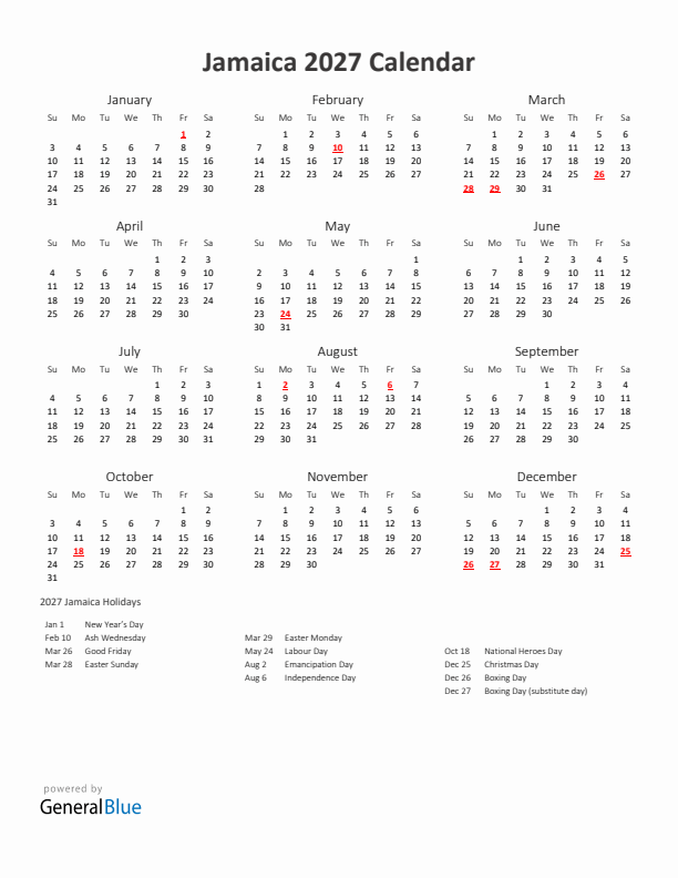 2027 Yearly Calendar Printable With Jamaica Holidays