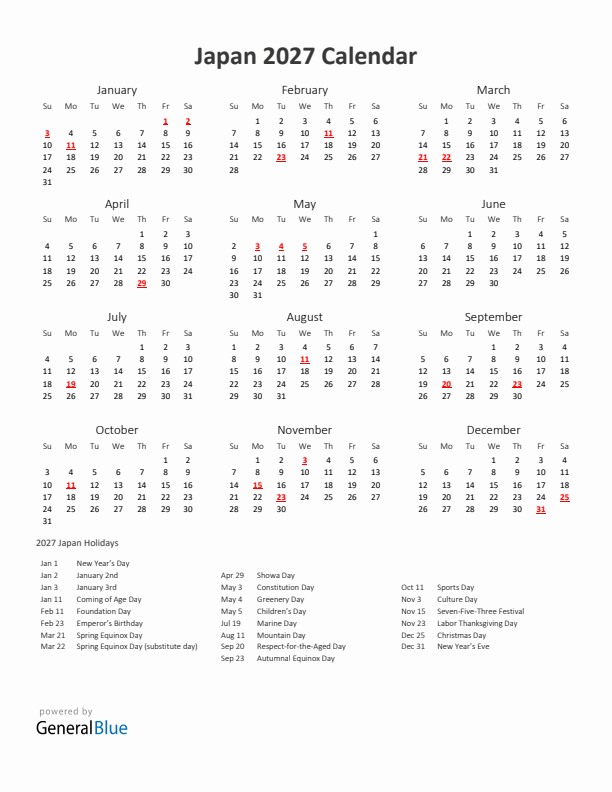 2027 Yearly Calendar Printable With Japan Holidays