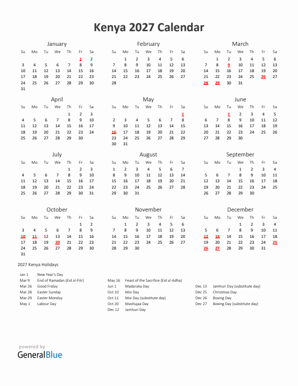 2027 Yearly Calendar Printable With Kenya Holidays