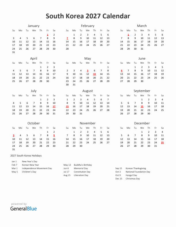 2027 Yearly Calendar Printable With South Korea Holidays