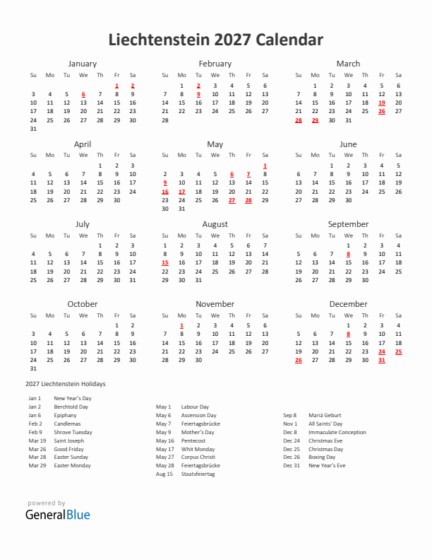 2027 Yearly Calendar Printable With Liechtenstein Holidays