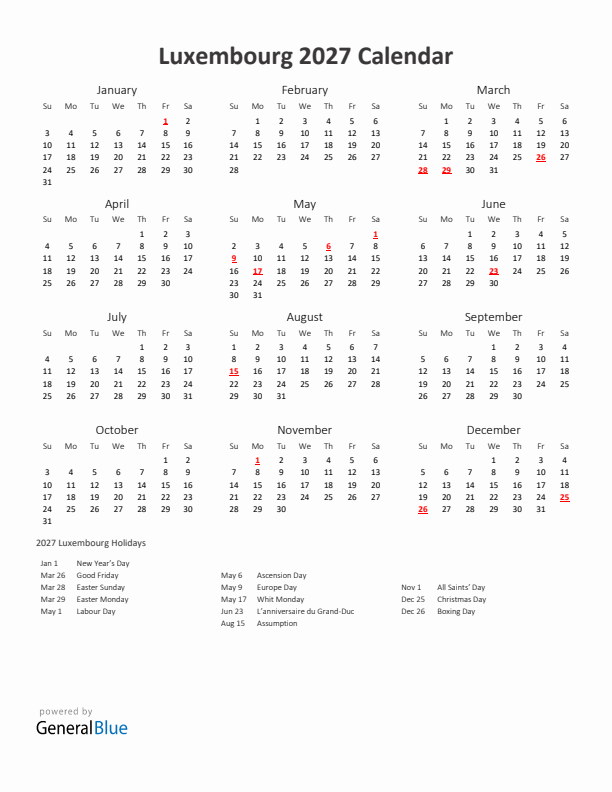 2027 Yearly Calendar Printable With Luxembourg Holidays