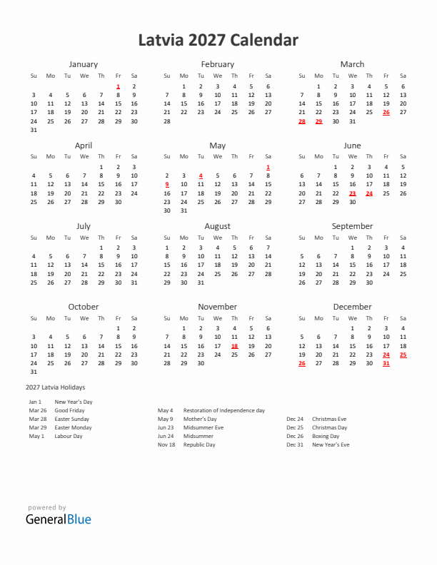 2027 Yearly Calendar Printable With Latvia Holidays