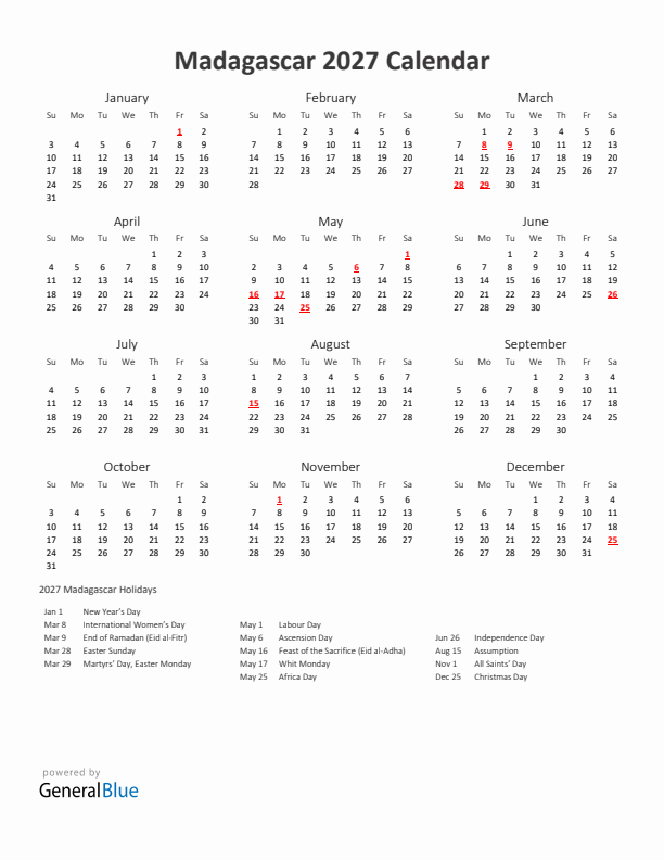 2027 Yearly Calendar Printable With Madagascar Holidays