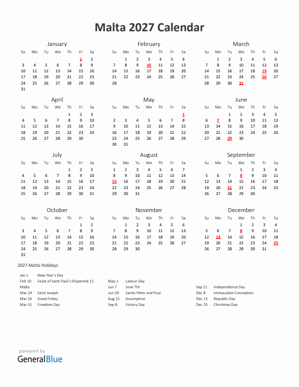 2027 Yearly Calendar Printable With Malta Holidays