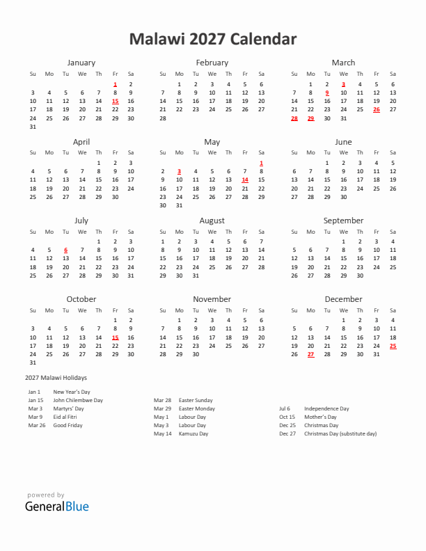 2027 Yearly Calendar Printable With Malawi Holidays