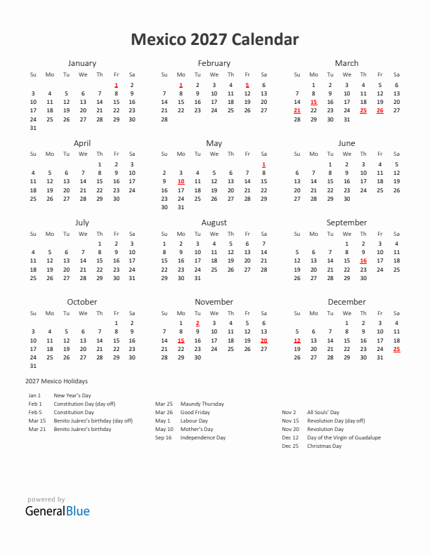 2027 Yearly Calendar Printable With Mexico Holidays