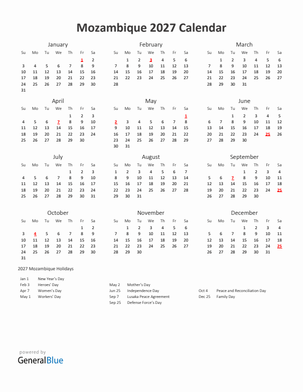2027 Yearly Calendar Printable With Mozambique Holidays