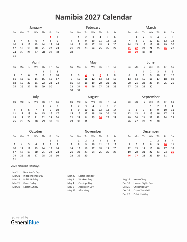 2027 Yearly Calendar Printable With Namibia Holidays