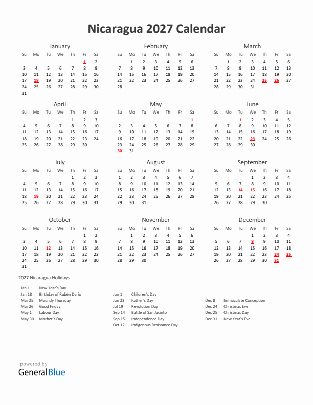 2027 Yearly Calendar Printable With Nicaragua Holidays