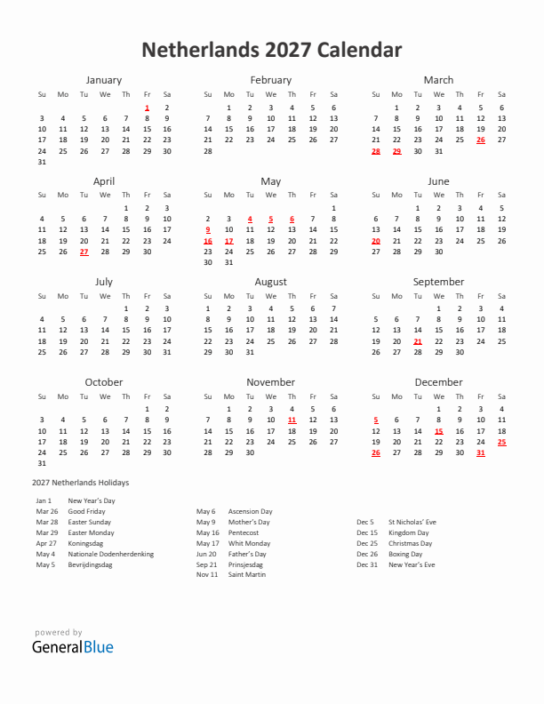 2027 Yearly Calendar Printable With The Netherlands Holidays