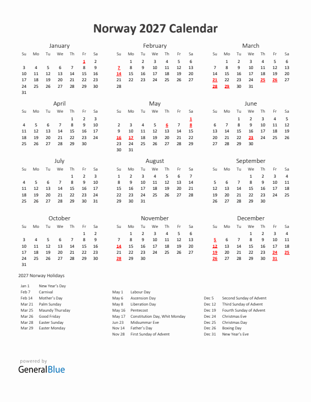 2027 Yearly Calendar Printable With Norway Holidays