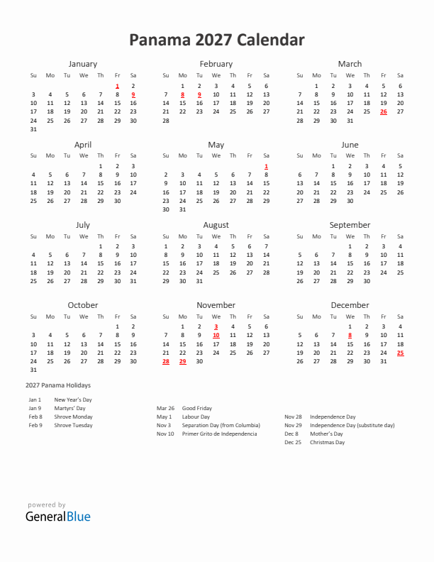 2027 Yearly Calendar Printable With Panama Holidays