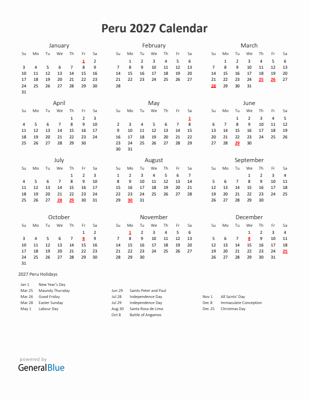2027 Yearly Calendar Printable With Peru Holidays