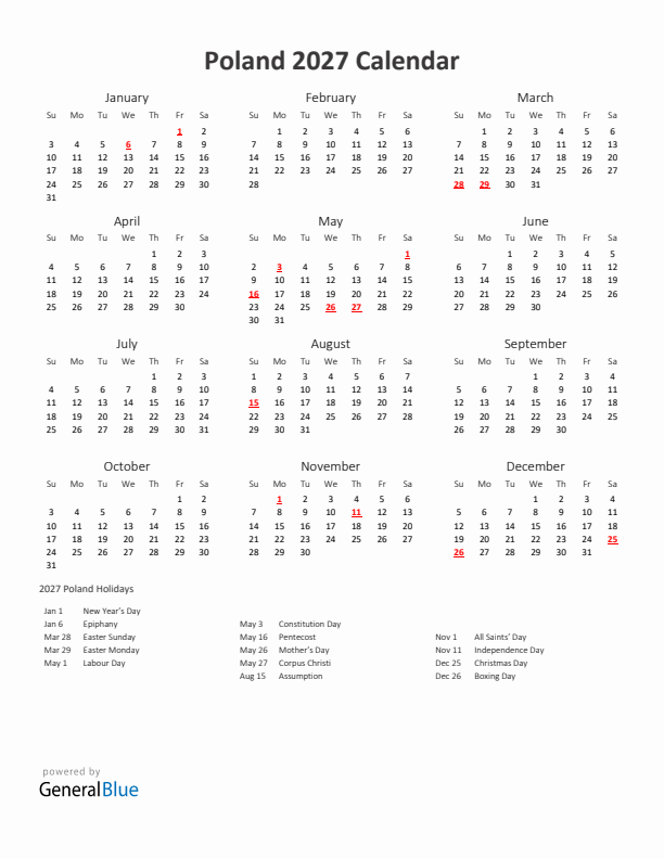 2027 Yearly Calendar Printable With Poland Holidays