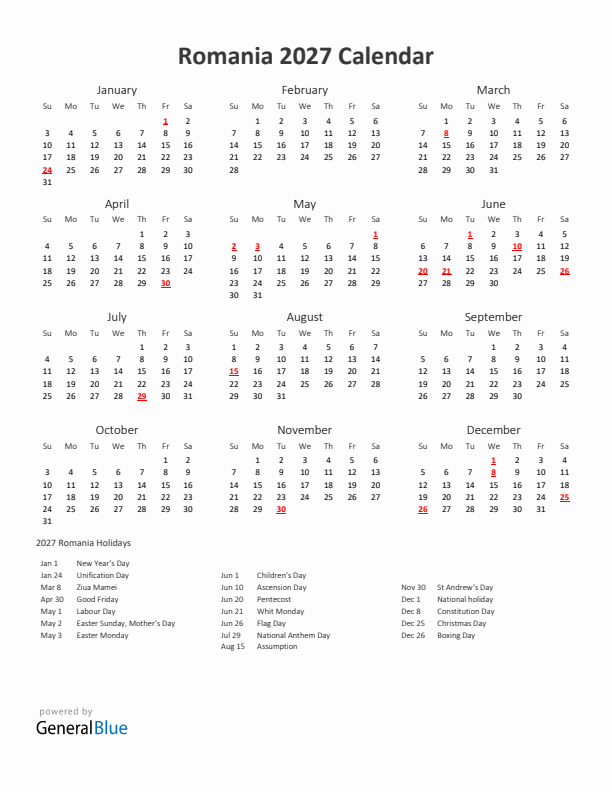 2027 Yearly Calendar Printable With Romania Holidays