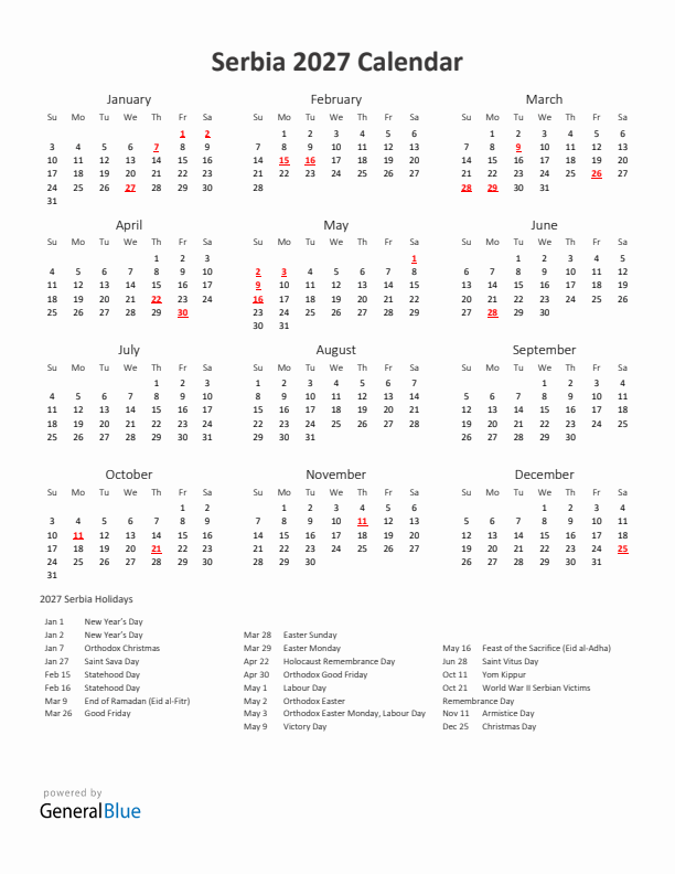 2027 Yearly Calendar Printable With Serbia Holidays