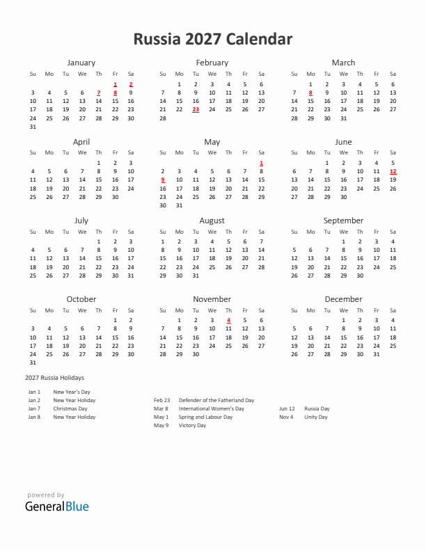 2027 Yearly Calendar Printable With Russia Holidays