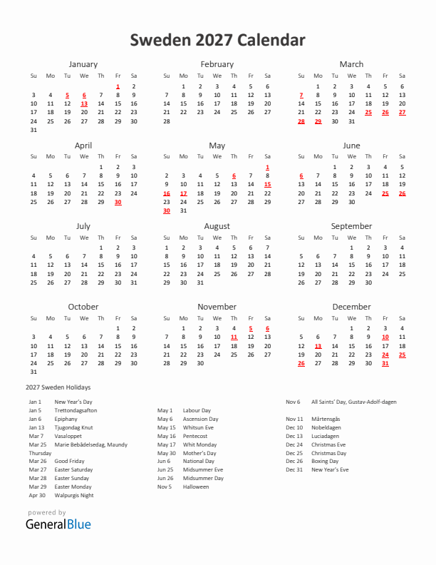 2027 Yearly Calendar Printable With Sweden Holidays
