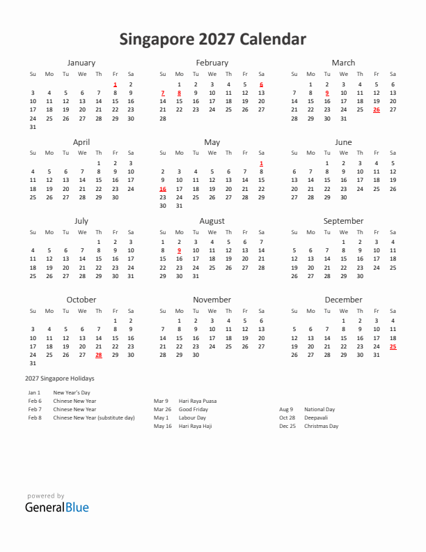 2027 Yearly Calendar Printable With Singapore Holidays