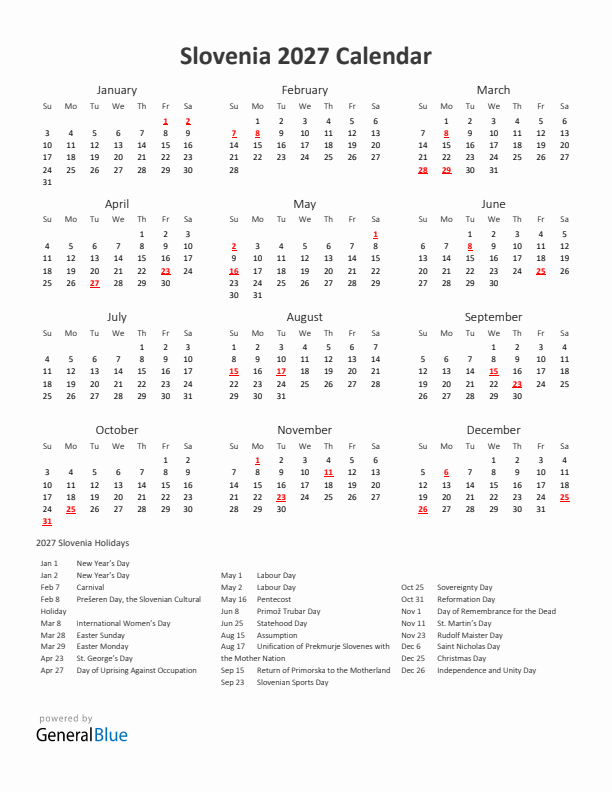 2027 Yearly Calendar Printable With Slovenia Holidays
