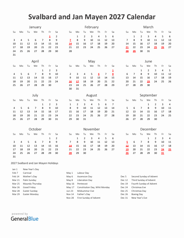 2027 Yearly Calendar Printable With Svalbard and Jan Mayen Holidays