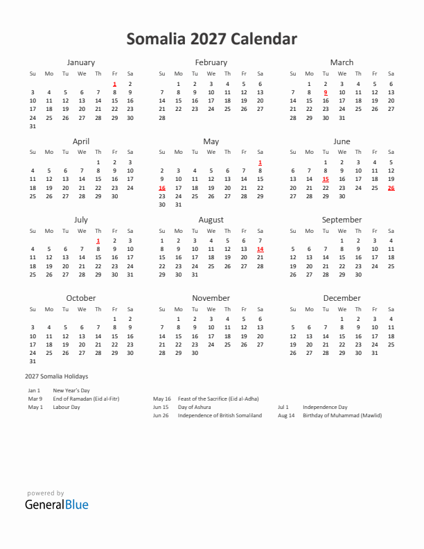 2027 Yearly Calendar Printable With Somalia Holidays