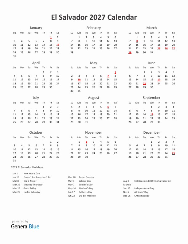 2027 Yearly Calendar Printable With El Salvador Holidays