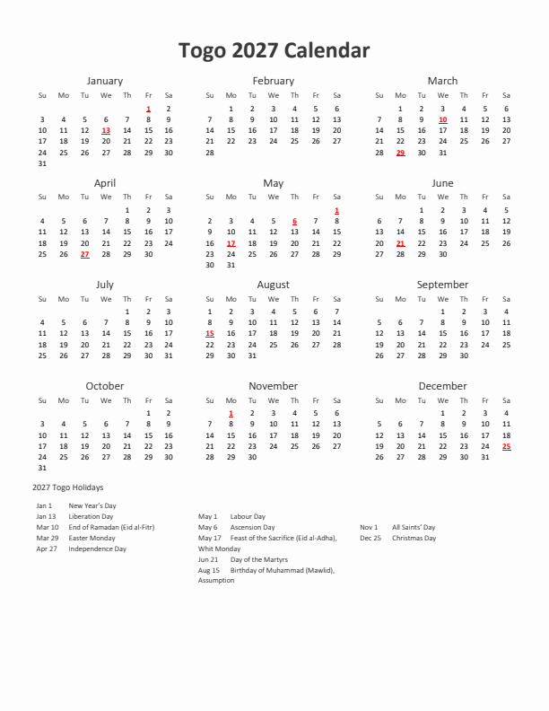 2027 Yearly Calendar Printable With Togo Holidays