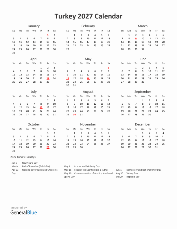2027 Yearly Calendar Printable With Turkey Holidays