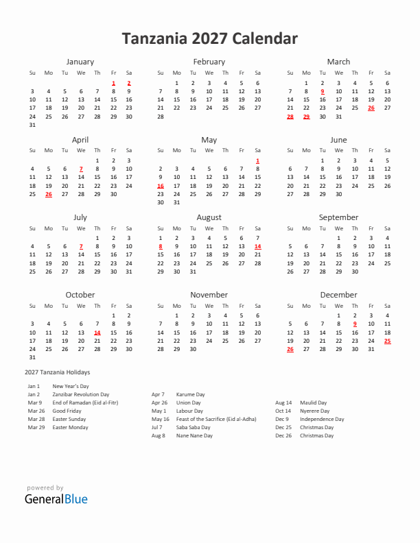 2027 Yearly Calendar Printable With Tanzania Holidays