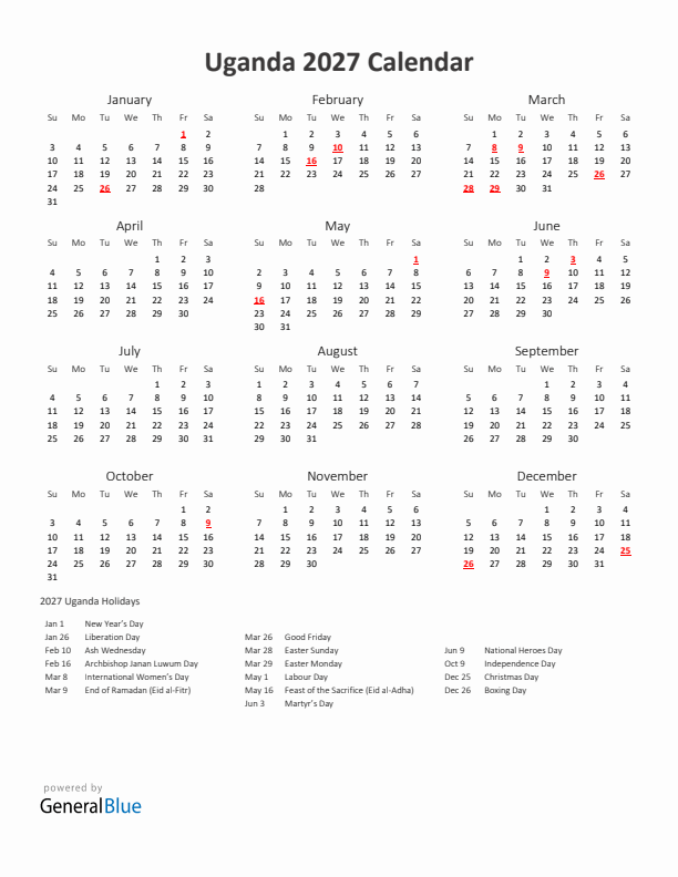 2027 Yearly Calendar Printable With Uganda Holidays